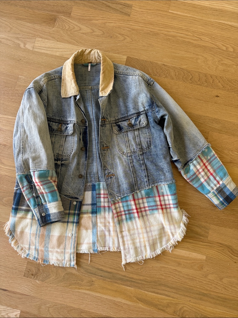Free People Light Blue Denim Jacket with Plaid Hem and Tan Corduroy Collar